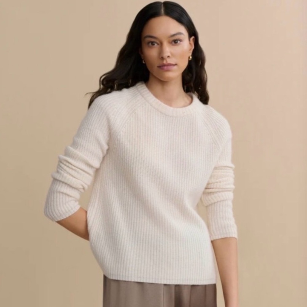 JENNI KAYNE Ivory Soft 100% Cashmere Fisherman Crewneck Knit Boxy Sweater XS EUC
